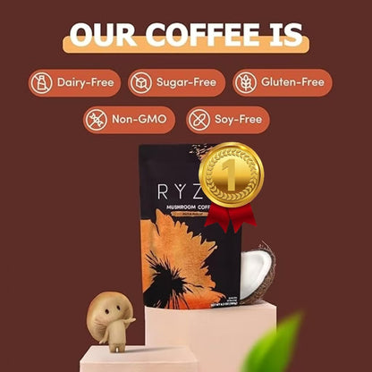 RYZE SUPERFOODS Mushroom Medium Roast Coffee Starter Kit, USDA Organic Instant Coffee with 6 Adaptogenic Mushrooms and for Energy, Focus, Digestion, Immunity with Lions Mane & Turkey Tail 30 Serving